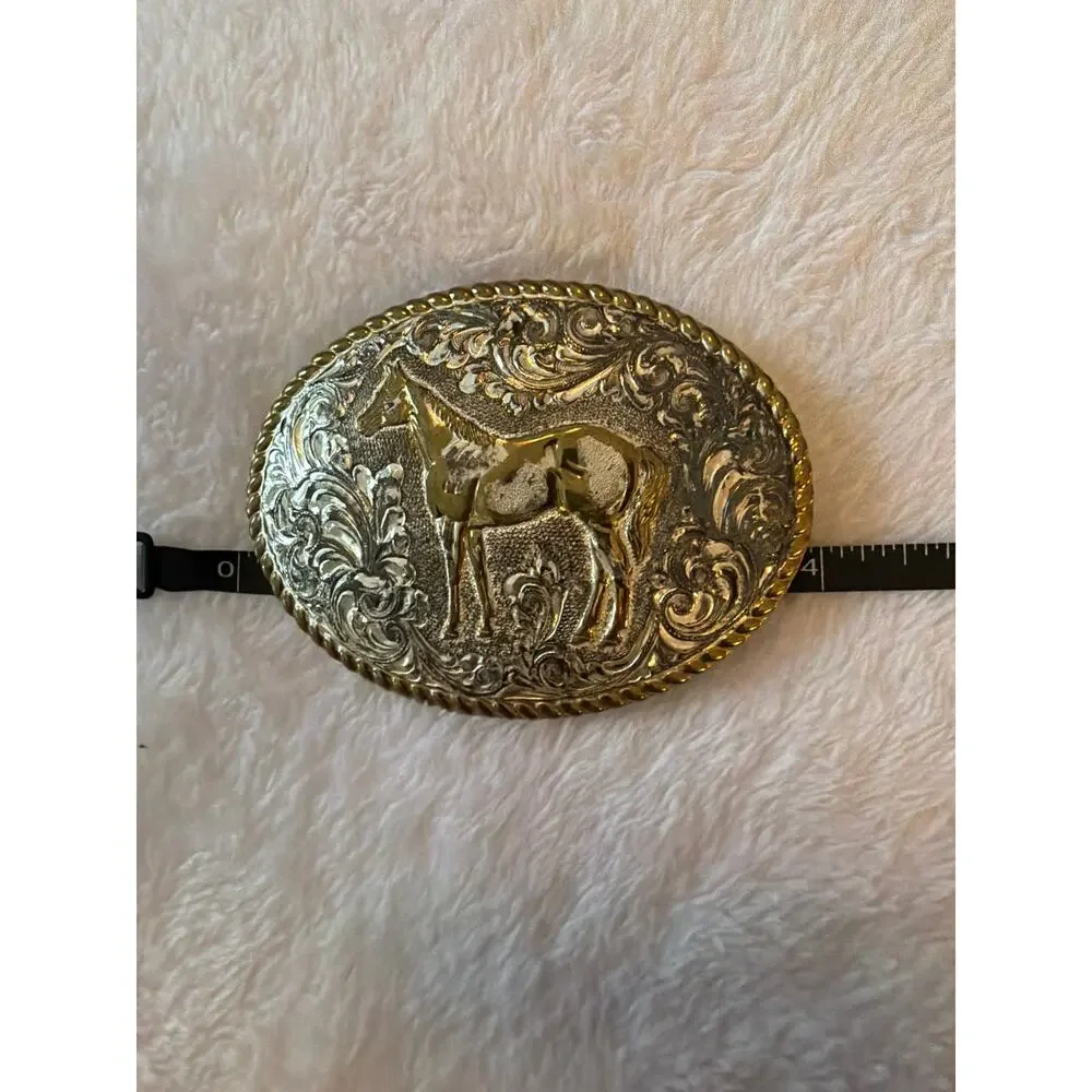 Vintage Crumrine Mfg USA Deer Western Belt Buckle Gold Silver Tone Oval Buck